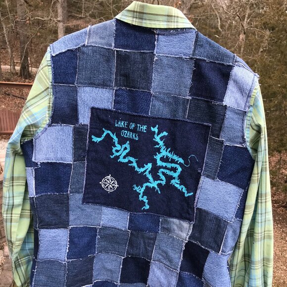 Lake of Ozarks Patchwork Jean Jacket, Small: Upcycled Handmade LOZ Lake Shirt - Picture 7 of 10